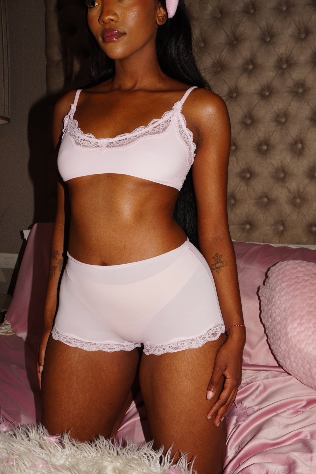 Soft pink sheer lace boy shorts with feminine lace trim
