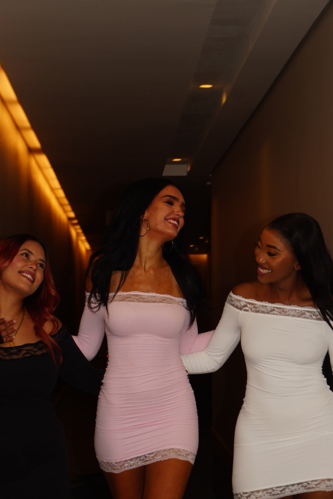 Off-shoulder lace bodycon dress with sculpting fit